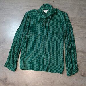 80s Vintage High Neck Bow Graphic Striped Printed Blouse